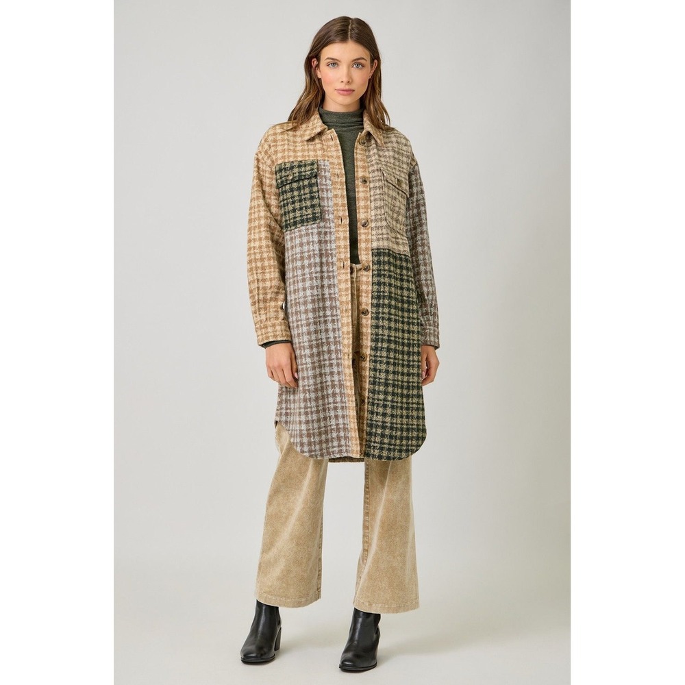 Mystree Color Block Long Jacket Small Houndstooth Patchwork Shacket Brown Green